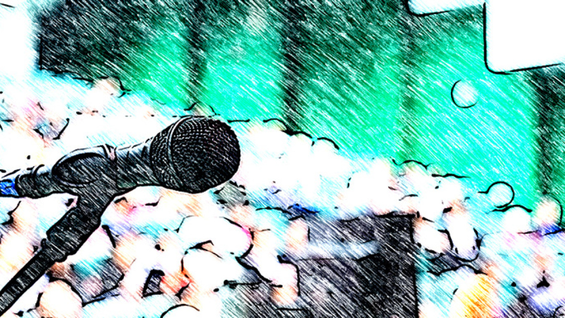 Photo illustration of a microphone on stage