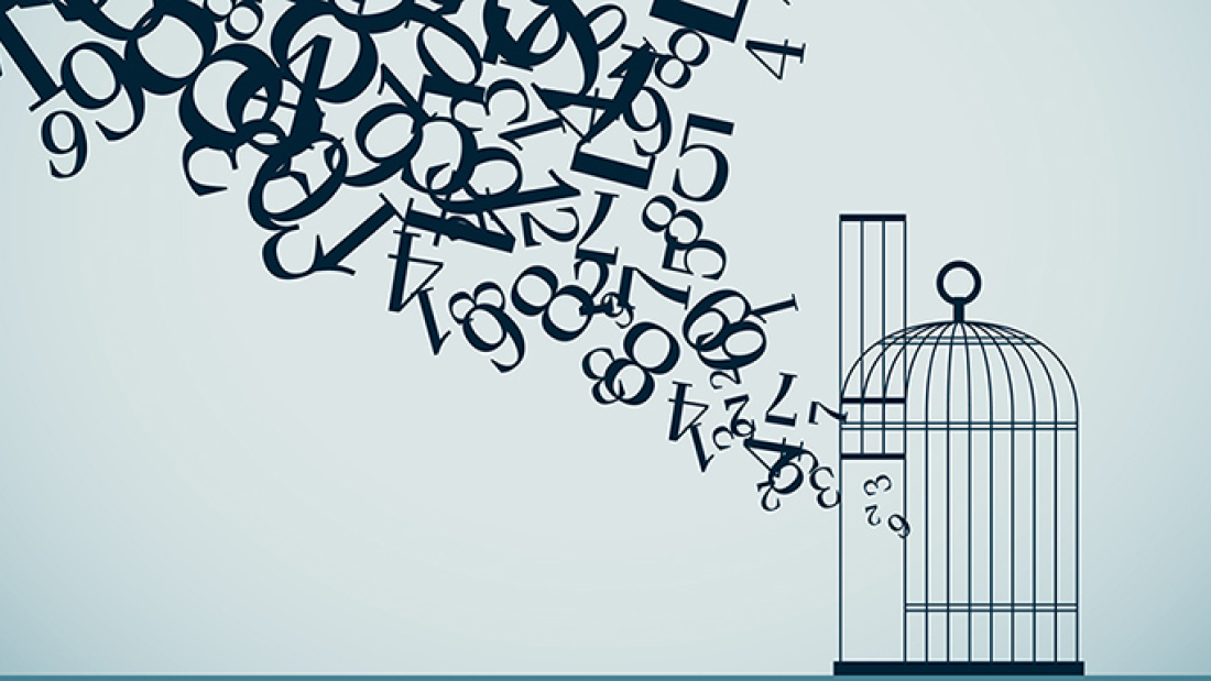 Illustration of numerals escaping from a bird cage and flying upward
