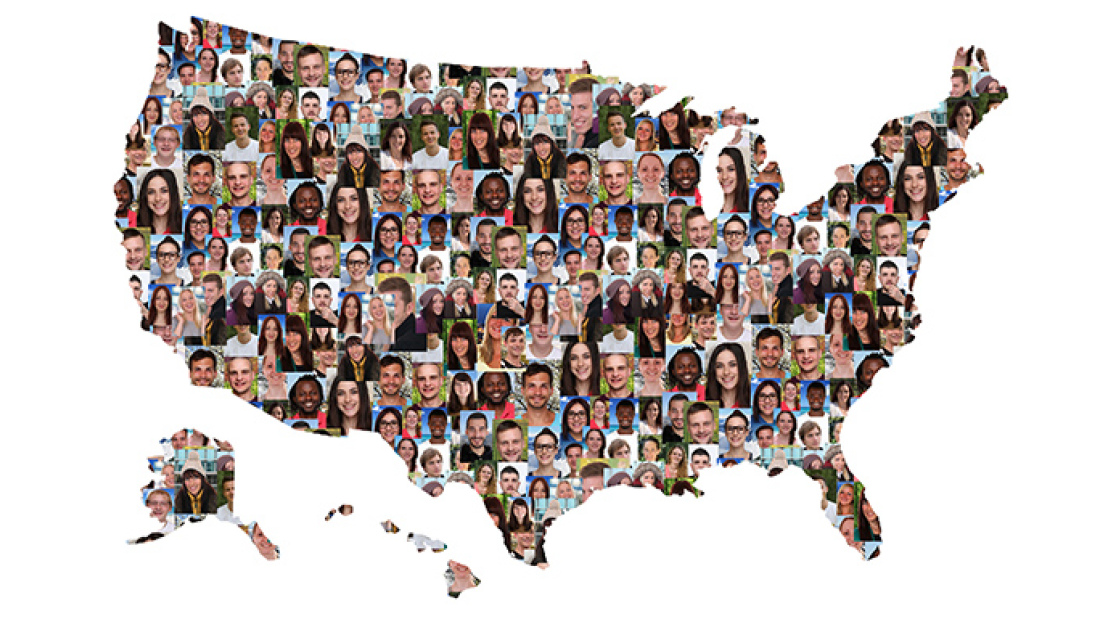 Photo illustration that overlays multicultural faces onto outline of the US