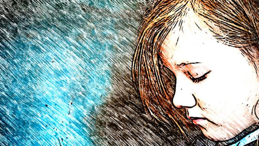 photo illustration of a young girl against a blue background, looking down, sadly