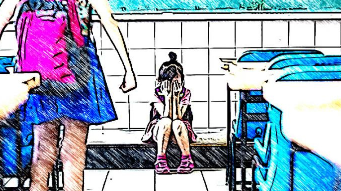 Young girl sits with head in hands. Another girl in a backpack walks toward her