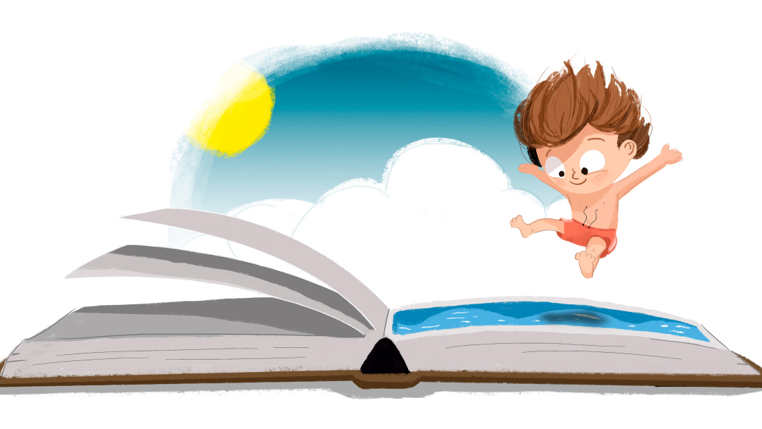 An illustration of a boy in a bathing suit jumping into a book
