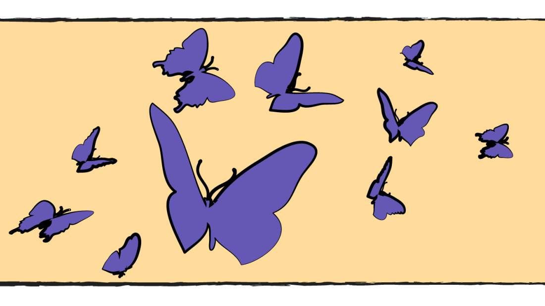An illustration of purple butterflies on a yellow background