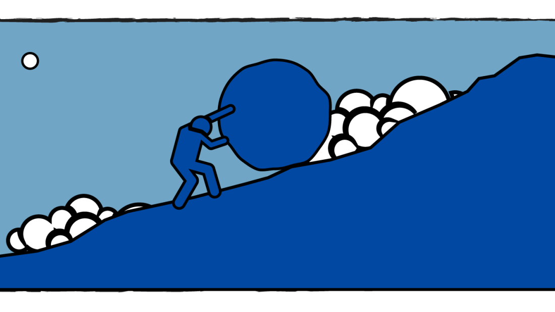 illustration of a blocky figure pushing a rock up a mountain, set against evening blue sky
