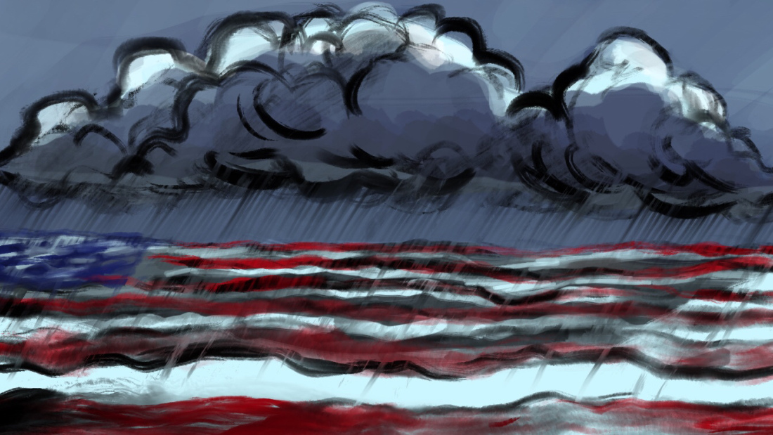 Drawing of a stormy sea overlaid with the American flag