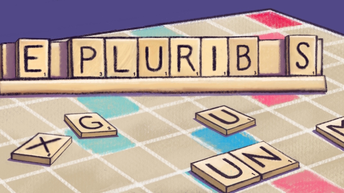 Illustration of missing letters attempting to fit into "E pluribus unum" on a Scrabble board
