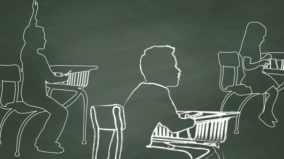 Chalkboard illustration of three students at their desks