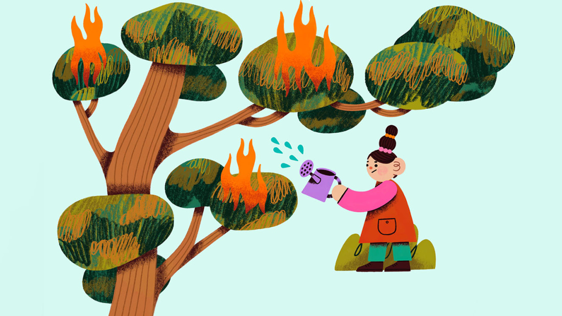 Illustration of woman watering a tree on fire