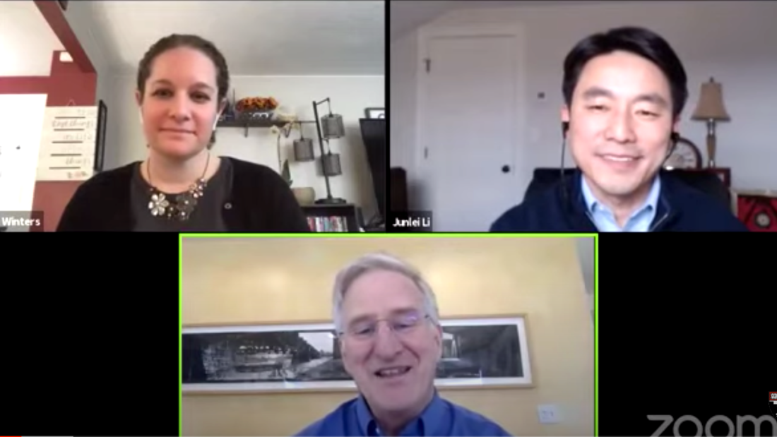 image of a video-conferencing computer screen with three panelists