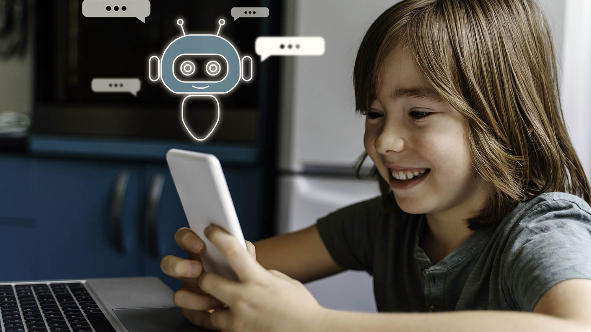 Child interacting with AI chatbot on a phone