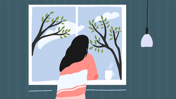 Illustration of girl staring out window