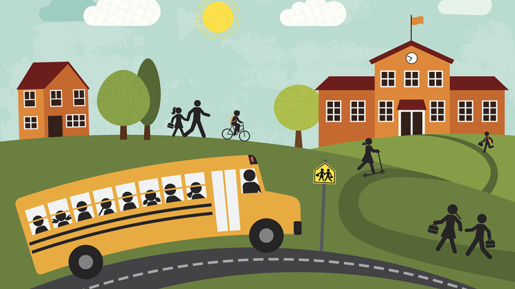 Illustration of parents bringing children to school