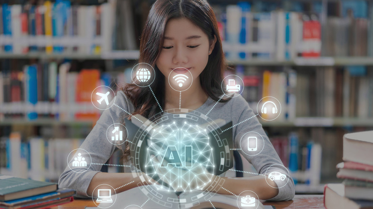 Girl in school library with AI graphic