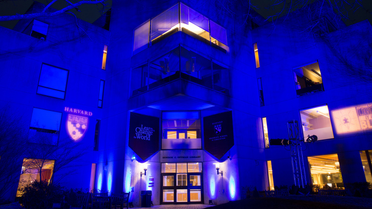 Gutman Library Lighted Up Blue