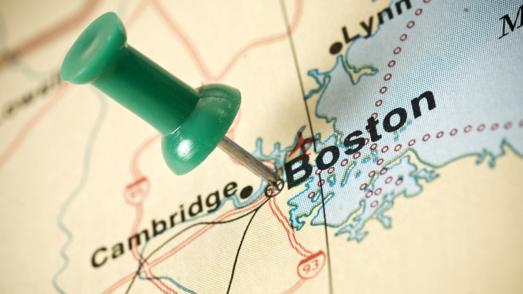 Pin in a map of Boston and Cambridge