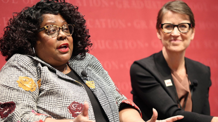 Deborah Jewell-Sherman participates in a forum in Askwith Hall.