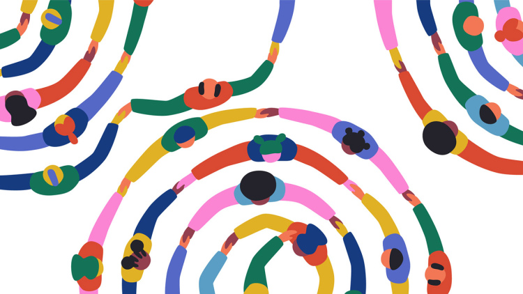 Illustration of diverse group of students in circles