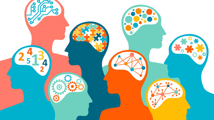 Group of humans with transparent brains. 
