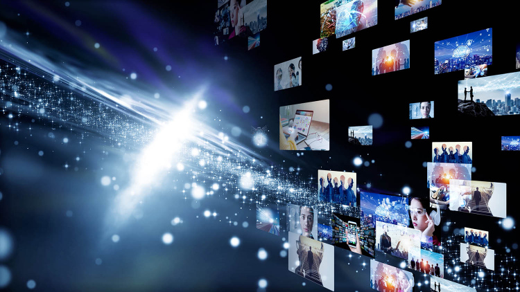 Screens and lights representing AI