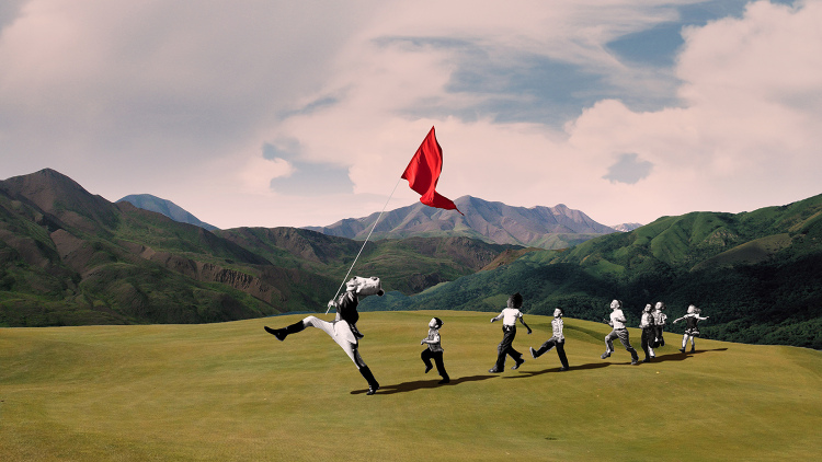 Illustration of children following a leader with a red flag
