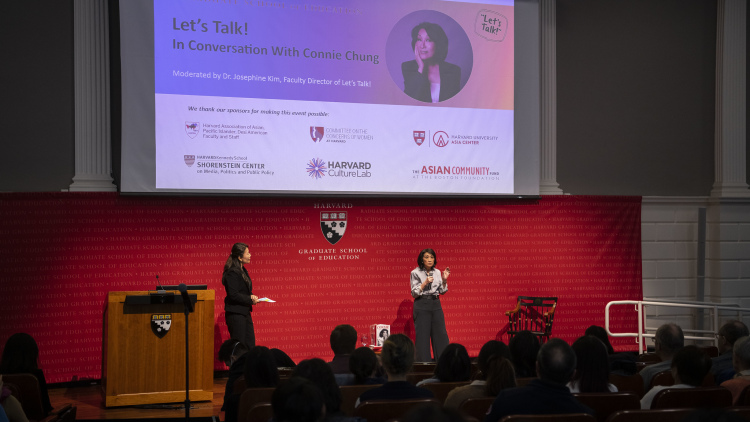 Connie Chung on stage with Josephine Kim
