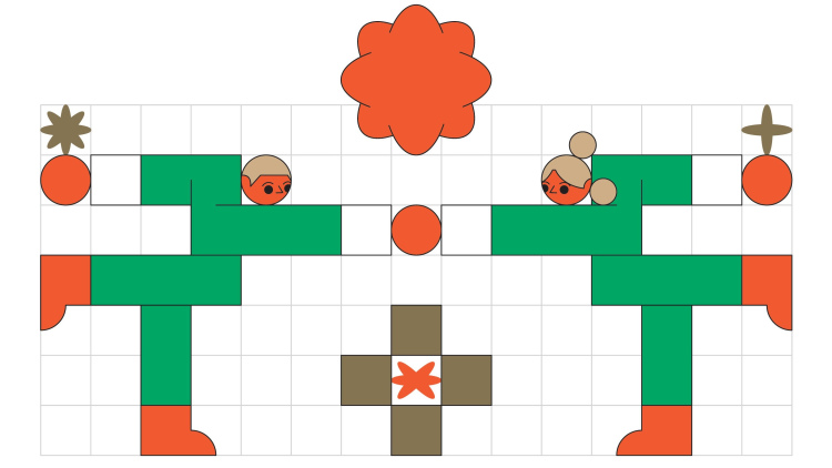 Illustration of a grid with specific boxes colored in to look like people