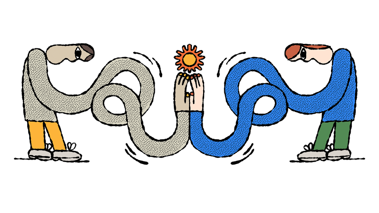 Illustration of two whimsical people holding a flower