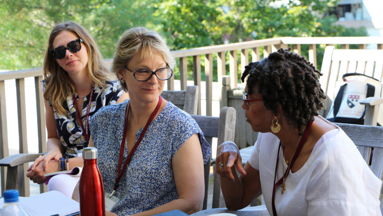 Two participants converse during the program while outside on campus at HGSE