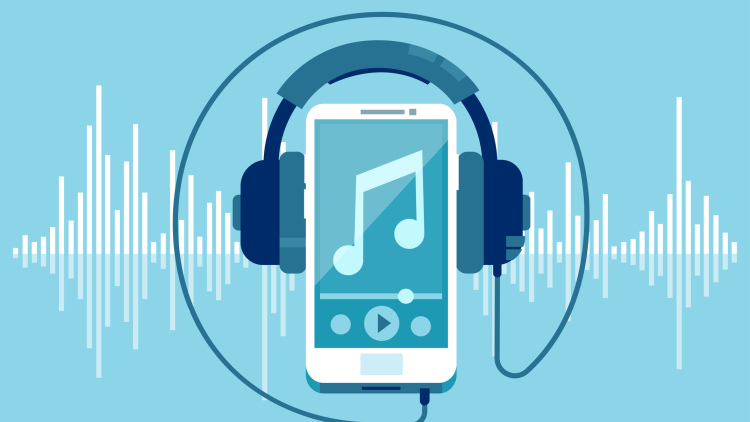 Vector of a smart phone and headphones on a equalizer blue background