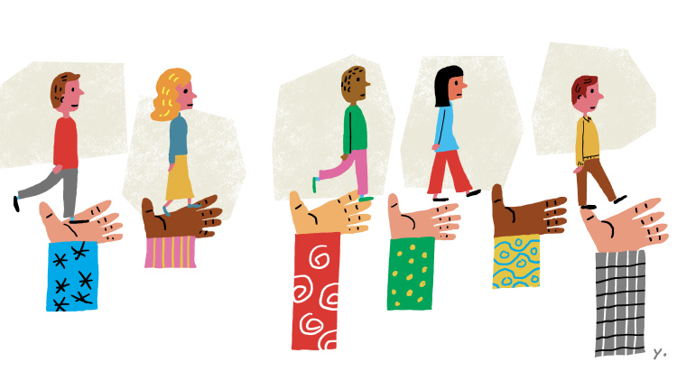 Illustration of people being held up by arms, akin to pillars
