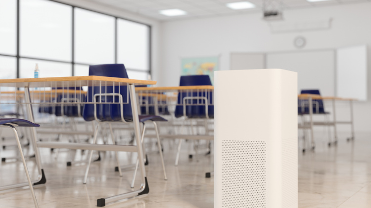 Photo of a classroom with air filter