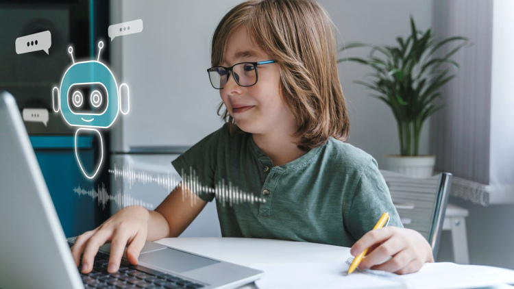 Child using a chatbot on laptop
