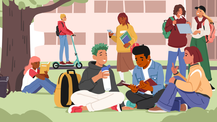 Illustration of teens doing schoolwork outside