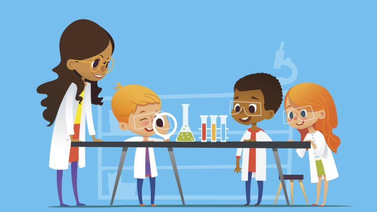 Illustration of science teacher with students