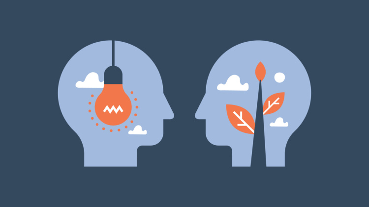 Illustration of people with a lightbulb and a growing plant