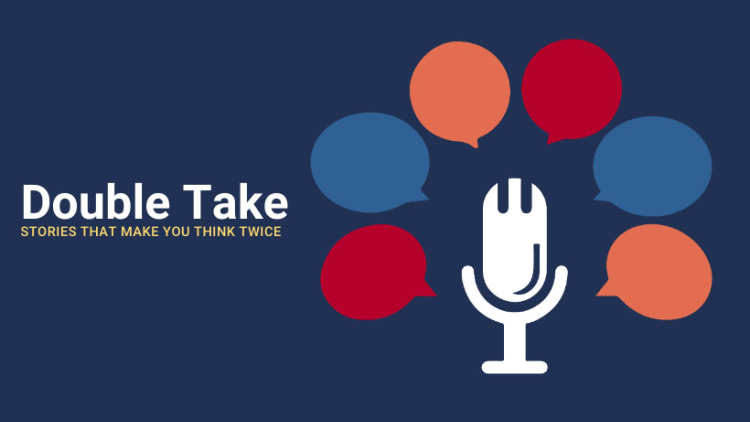 Logo for DoubleTake with microphone and thought bubbles