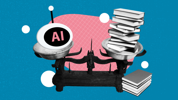 A scale balancing "AI" on one side and a pile of books on the other