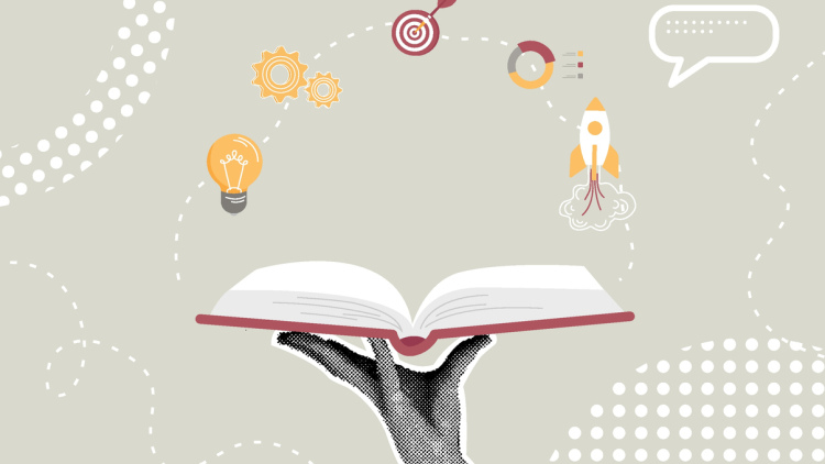 Illustration of an open book surrounded by a thought bubble, a lightbulb, turning gears, a bullseye, and a rocket