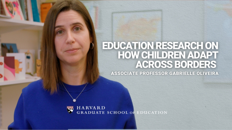 Photo of Gabrielle Oliveira in an office with the text "Education Research on How Children Adapt Across Borders"