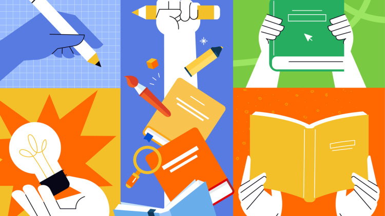 Illustration of colorful books and writing utensils 