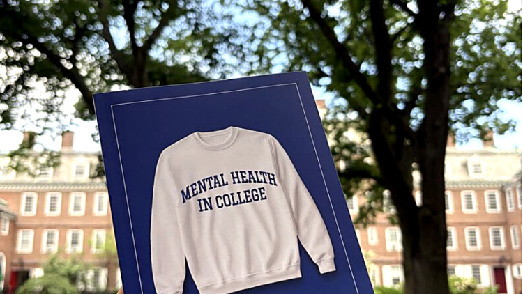 Cover of the book, Mental Health in College, in Harvard Yard