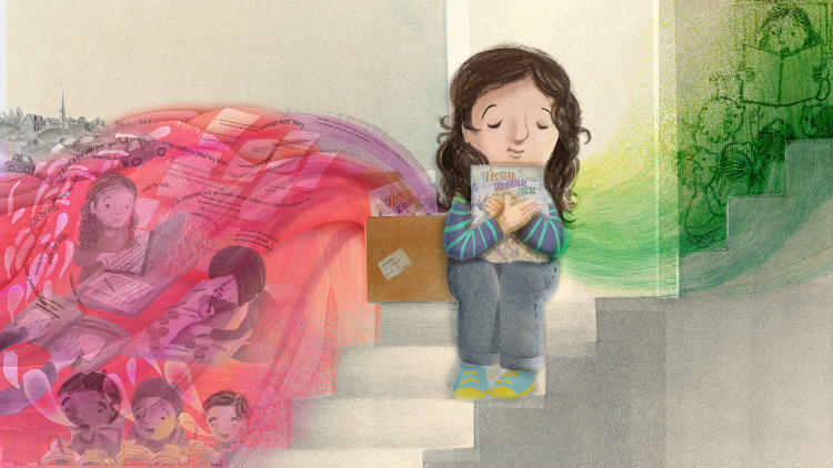 Illustration of a young girl hugging a book