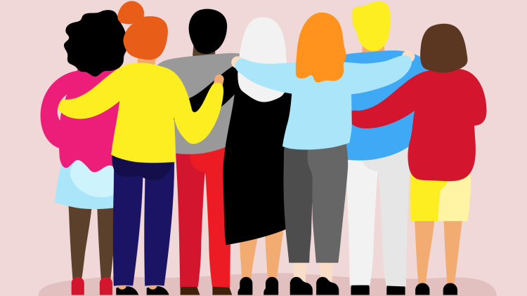 Bright colored illustration of friends standing together