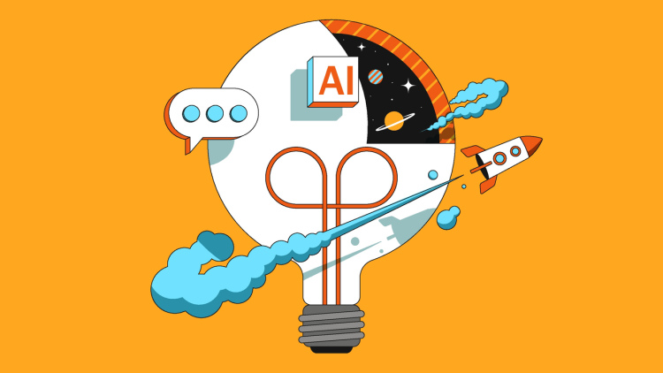 Illustration of a lightbulb with a thought bubble, rocket, and "AI" label. 