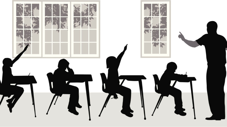 black and white illustration of male teacher in front of classroom