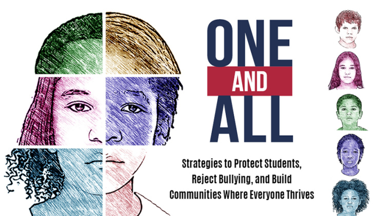 One and All illustration with many childrens' faces coming together to form one face