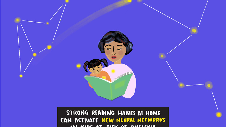 Illustration of a mother reading to a child; over their heads, a shooting star connects a constellation on the left side with a constellation on the right side