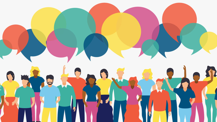 Illustration of brightly colored group with thought bubbles