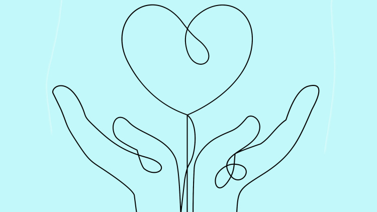 Line drawing of heart in hands