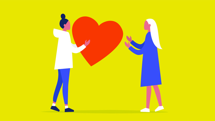 Modeling empathy illustration of two women passing a heart shape